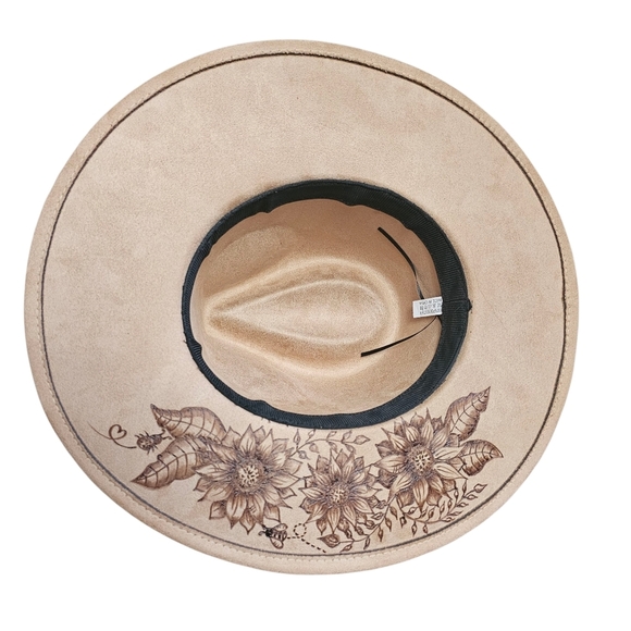 Hand Burned Wide Brim Fedora Hat Featuring Sunflowers, Bees, and Lady Bugs - Picture 6 of 8